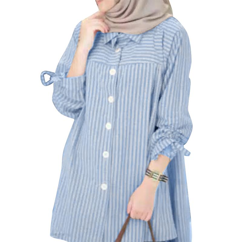 

ZANZEA Женская повседневная свободная полосатая блузка с отложным воротником и длинными рукавами 5XL светло-синий