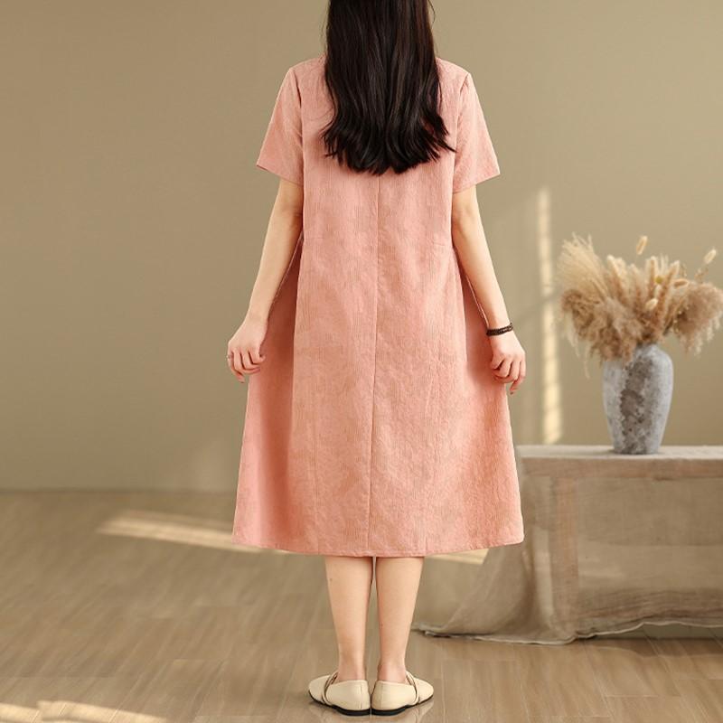Short Sleeve Plus Size Cotton Linen Vintage Floral New In Dresses for Women Casual Loose Long Summer Dress