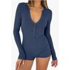 Amazon 2024 European and American Autumn New Women's Tight One-Piece Shorts Casual Button Cotton Top Long sleeve V-neck