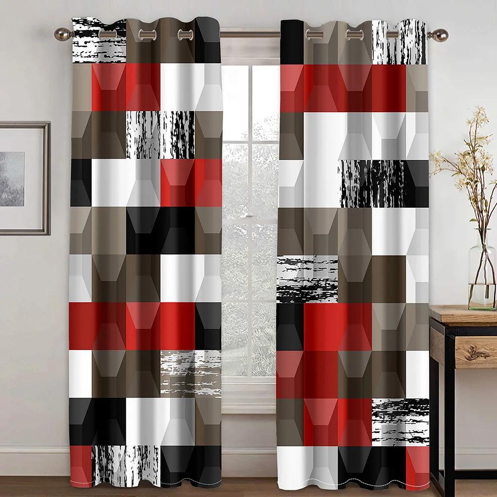 Cheap Red Black Abstract Geometric Shape Digital Printed Curtains Bedroom Kitchen Window Blinds Grommet Top Rod Pocket Hooks