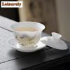 135ml Handbemalter Narzissen Gaiwan Japanischer Weißer Jade Ton Porzellan Teekanne Teekannenabdeckung Schale Trinkzubehör Geschenk