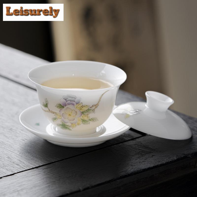 135ml Handbemalter Narzissen Gaiwan Japanischer Weißer Jade Ton Porzellan Teekanne Teekannenabdeckung Schale Trinkzubehör Geschenk