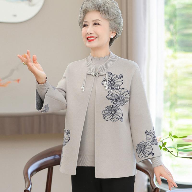 Grandma's new coat embroidered top Mom's autumn dress medium and old Tang suit two-piece cardigan long-sleeved old lady