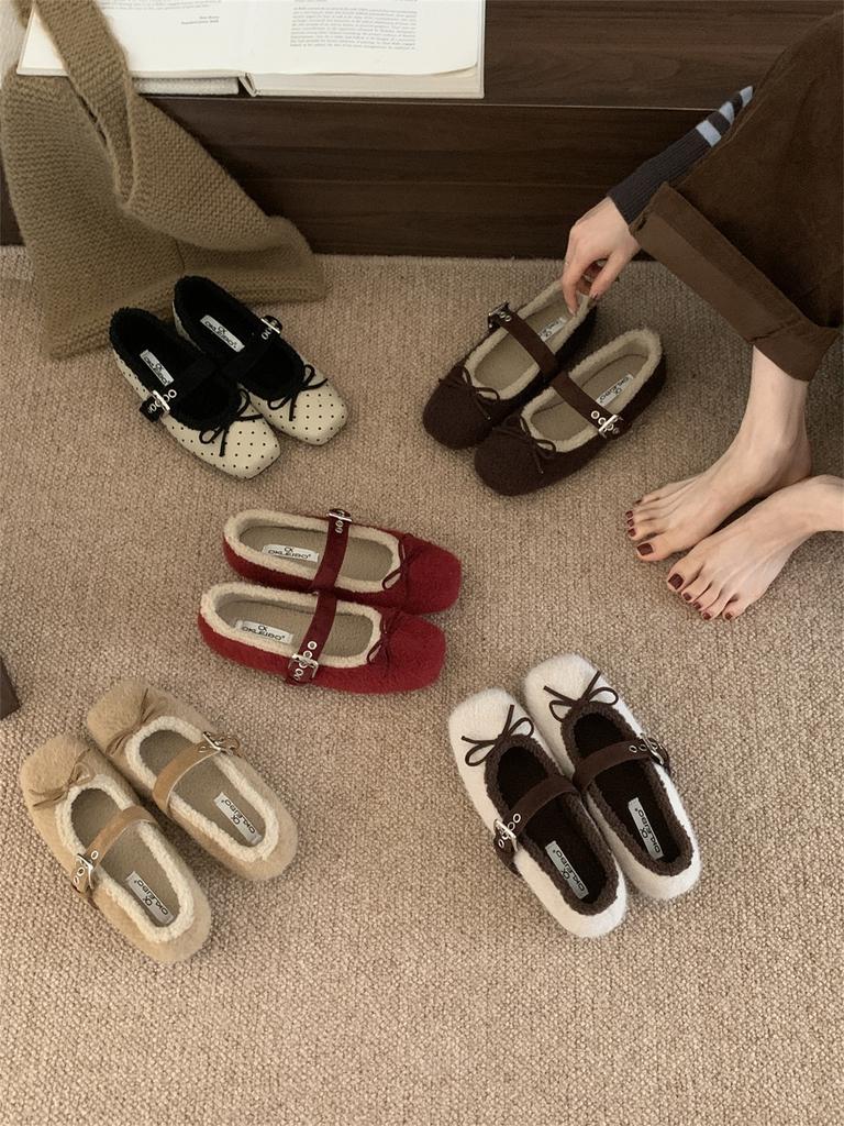 French Bow Huge Good-looking Super Fire Fluffy Winter Shoes Mary Jane Single Shoes Fluffy Shoes Women Wear Velvet