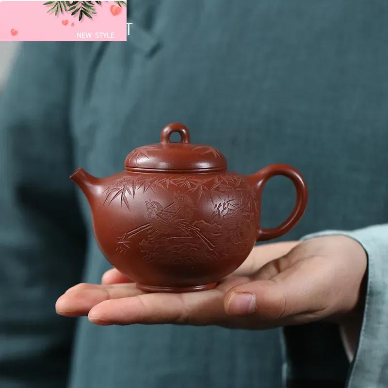 180ml Yixing Purple Clay Teapot Kettle Master Hand-carved Bird Bamboo Leaf Tea Pot Tea Infuser Chinese Handmade Zisha Tea Set