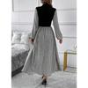 Autumn Winter Lantern Sleeve A-line Women's Dress Vintage Houndstooth Patchwork Maxi Dresses Mock Neck Black Party Dress Female