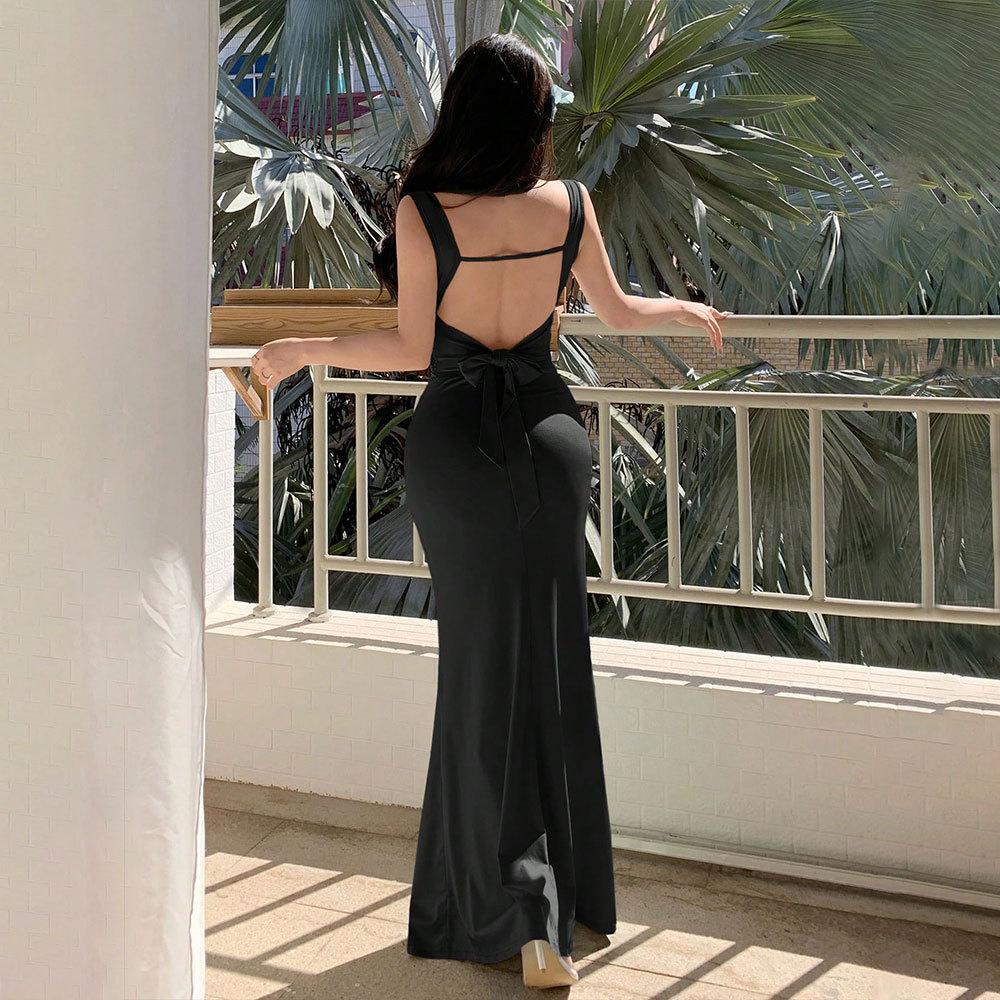 European and American suppliers women's dress summer black sexy backless V-neck waist temperament long fishtail skirt