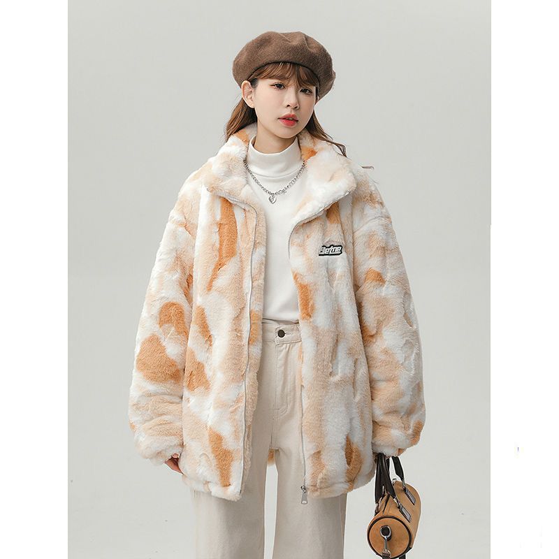 Winter new trendy brand tie-dye stand-up collar lamb wool jacket for men and women street casual padded couple cotton-padded clothes