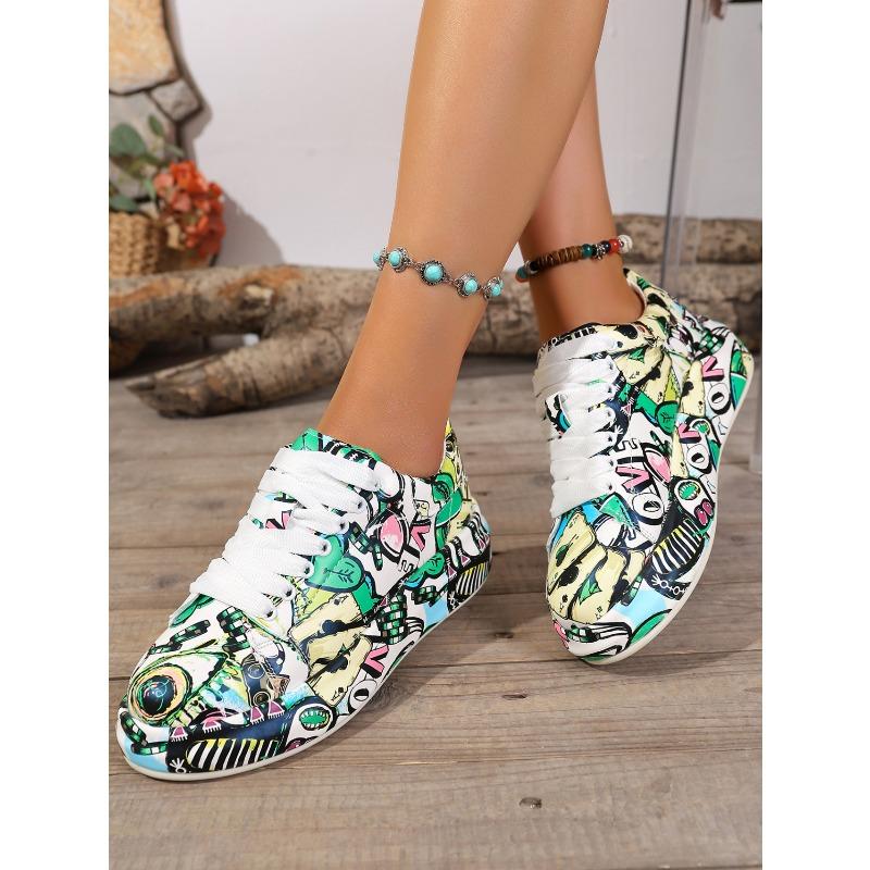 2025 New Arrival Oversized Sneakers with Colorful Letter Prints, Thick Soles, Lace-Up Round Toe, Sporty Style Women's Shoes