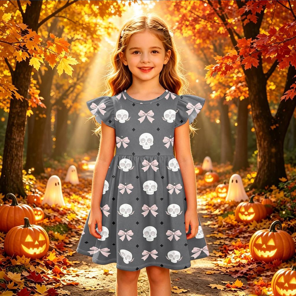 Kids Casual Halloween Printed Sleeve Dress for Party and Holiday