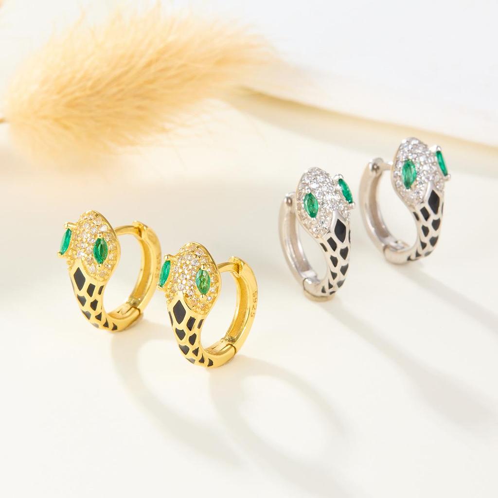European S925 Sterling Silver Snake Earrings with Green Rhinestone Eyes and Zirconia Scales