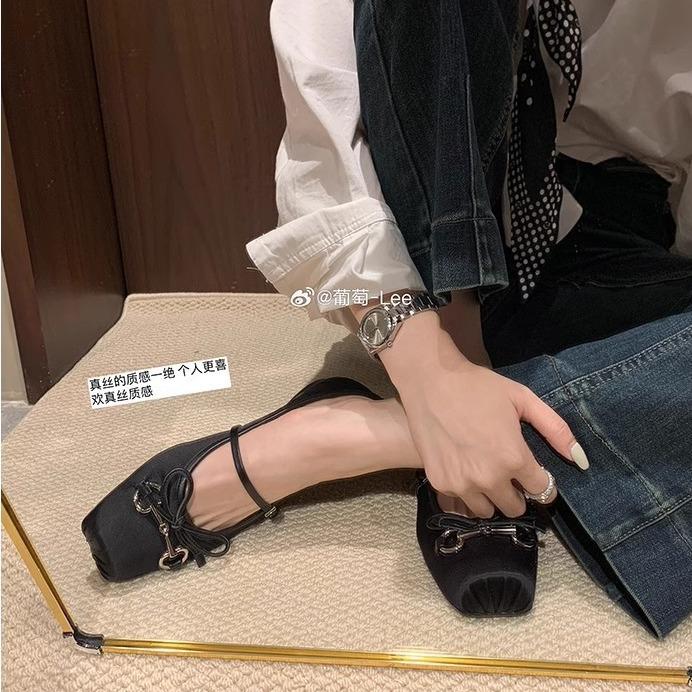 Grape Mother Same French Horse Buckle Bow Ballet Pig Nose Versatile Mary Jane Shoes Flat Single Shoes Women
