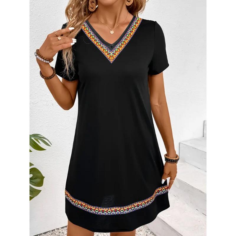 TIFICY Women s Fashion Summer Spring Short Sleeve V-Neck Loose Waistline Casual Dresses S чёрный
