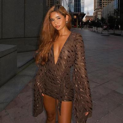 2025 Autumn European & American Style Deep V Wavy Bell Sleeve Bodycon Dress