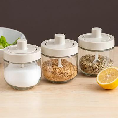 Würzzutaten-Werkzeuge, Gewürzglas-Kombination, Löffel-Deckel integriert, Glas, Küchenzubehör, Salzstreuer, Ölflasche, Gewürzglas