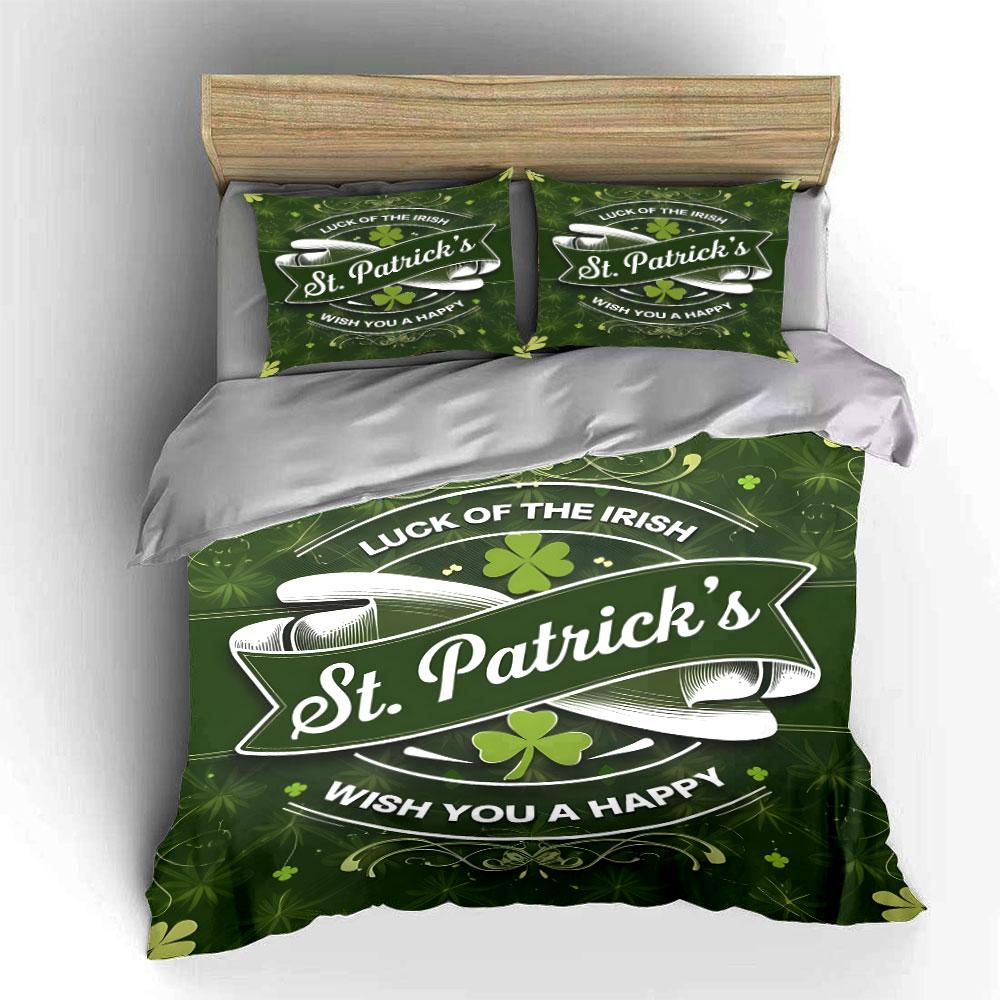 3Pcs St. Patrick's Day Bedding Set, Green Shamrock "Luck of the Irish" Print Duvet Cover Set, Festive Irish Holiday Pattern