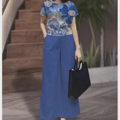 2023 Women's Summer Fashion: Solid Color Loose Short-Sleeve Top & Printed Trousers Two-Piece Suit