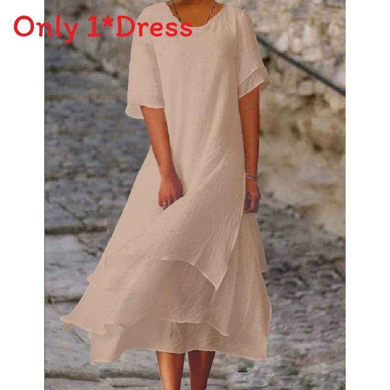 Vestido de Verano de Algodón y Lino de Doble Capa con Bloques de Color y Manga Corta de Cuello Redondo para Uso Casual