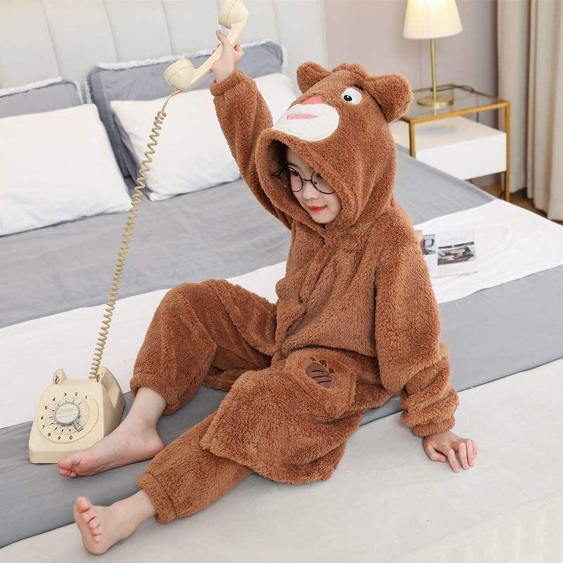 Kids Coral Fleece Pajama and Bathrobe Set - Cute Design for Boys & Girls, Plus Velvet for Autumn & Winter