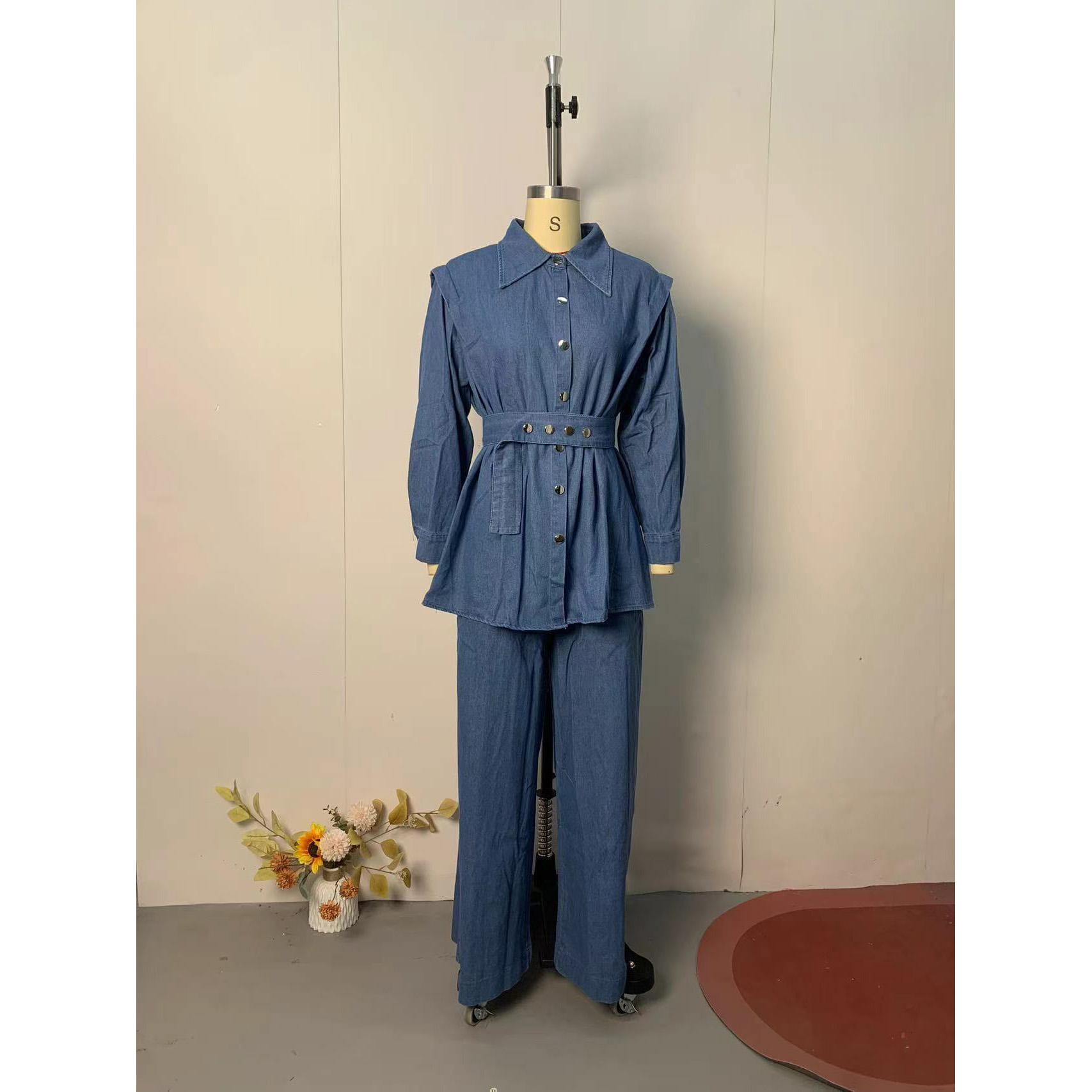 

Джинсовий костюм жіночий набір з двох предметів відкладний комір джинси мом висока посадка ремінь топи широкі штани довгі штани висока посадка комплекти, що поєднуються S