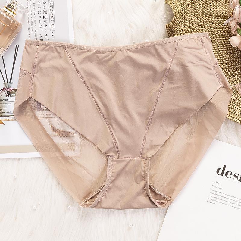 "Women's Seamless Ice Silk Mesh Mid-Waist Briefs: Breathable, Sexy, and Comfortable with Pure Cotton Crotch."