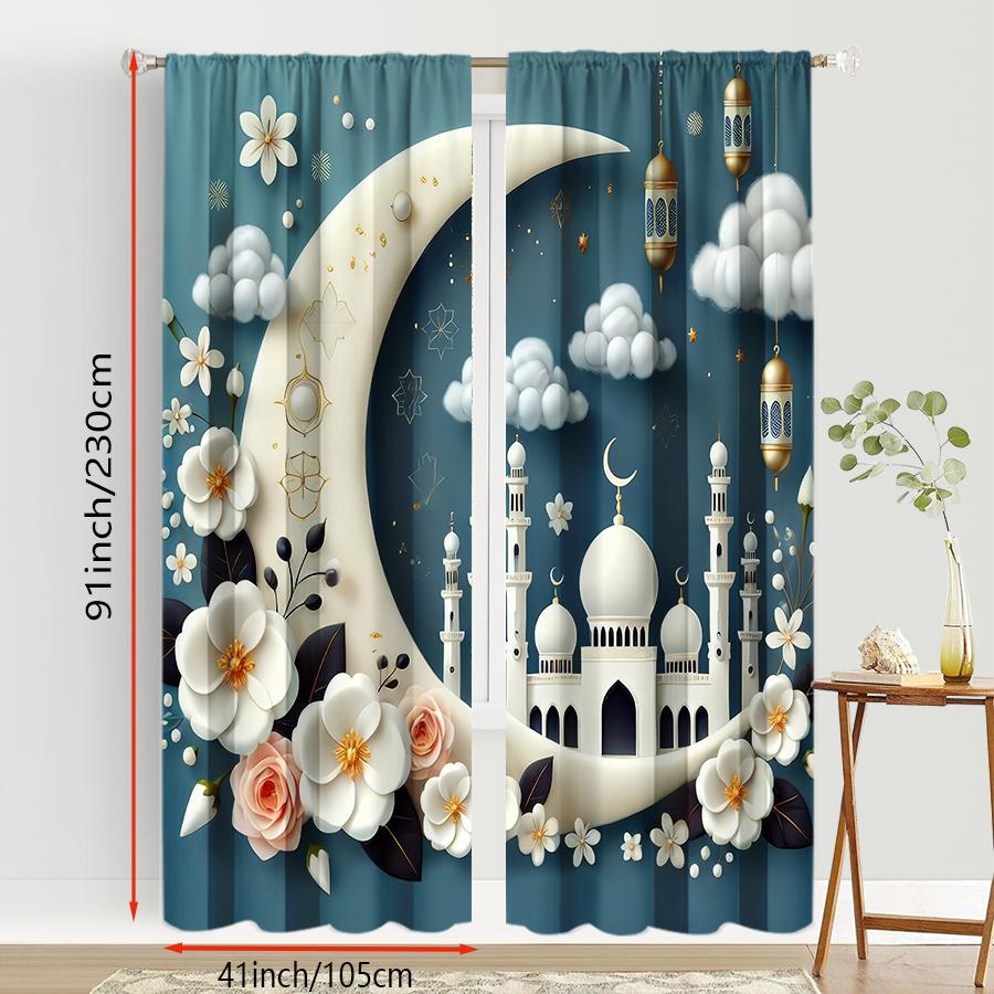2 Stück Blaue Boden-Halbmond-Islamische Element Vorhänge, Romantischer Stil, Wohnzimmer und Schlafzimmer, Stangentaschen-Dekoration