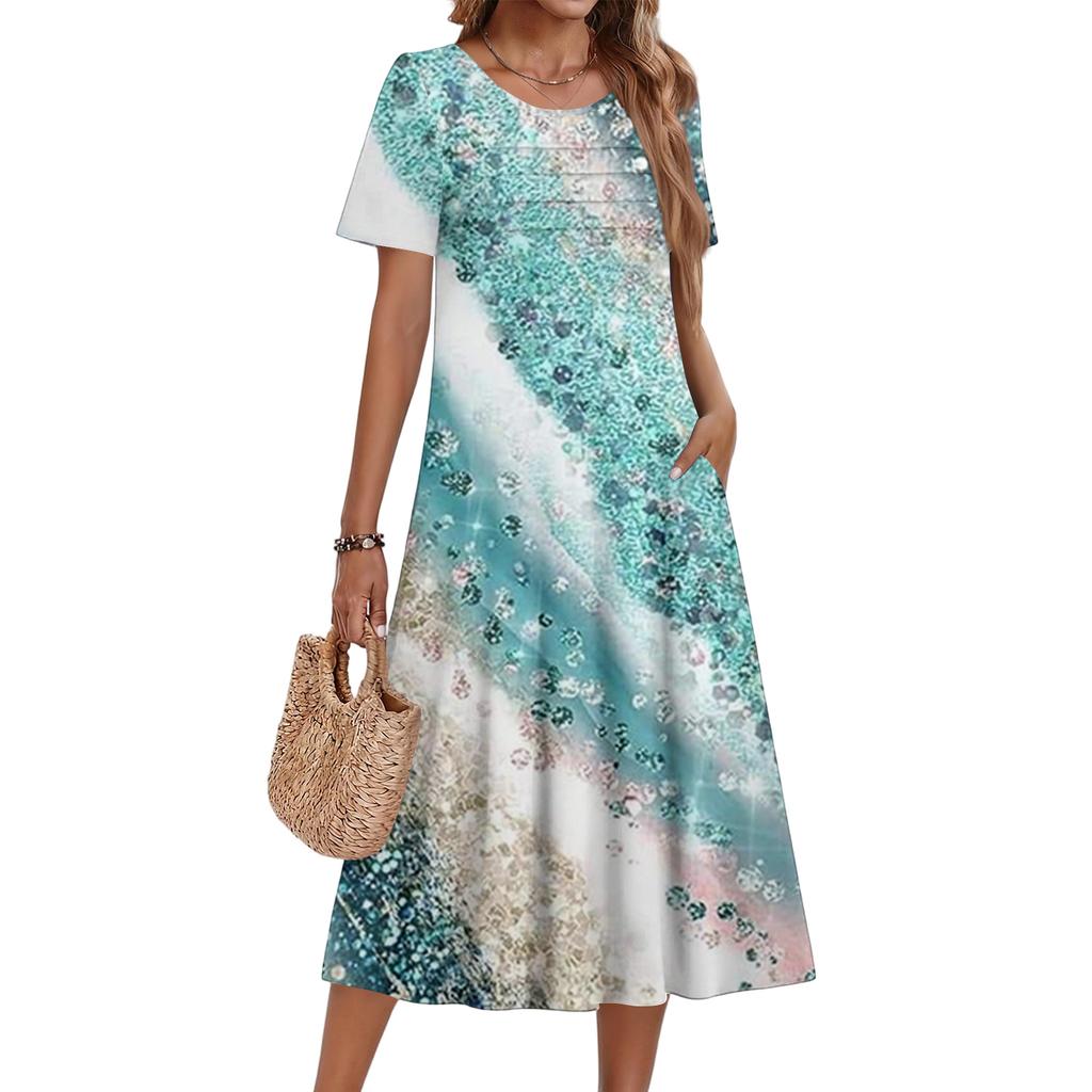 Vestito Corto Casual e alla Moda da Donna con Stampa Floreale e Maniche Corte Girocollo