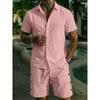 Herren Leinenmischung Kurzarm Hemd mit Knöpfen und Kordelzug Shorts Set