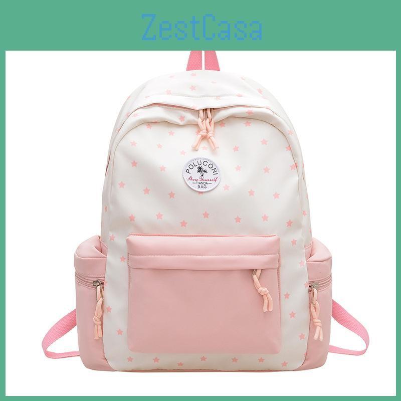 Simple Blocked Color Star Pattern Student Backpack For Girls Daily School Use