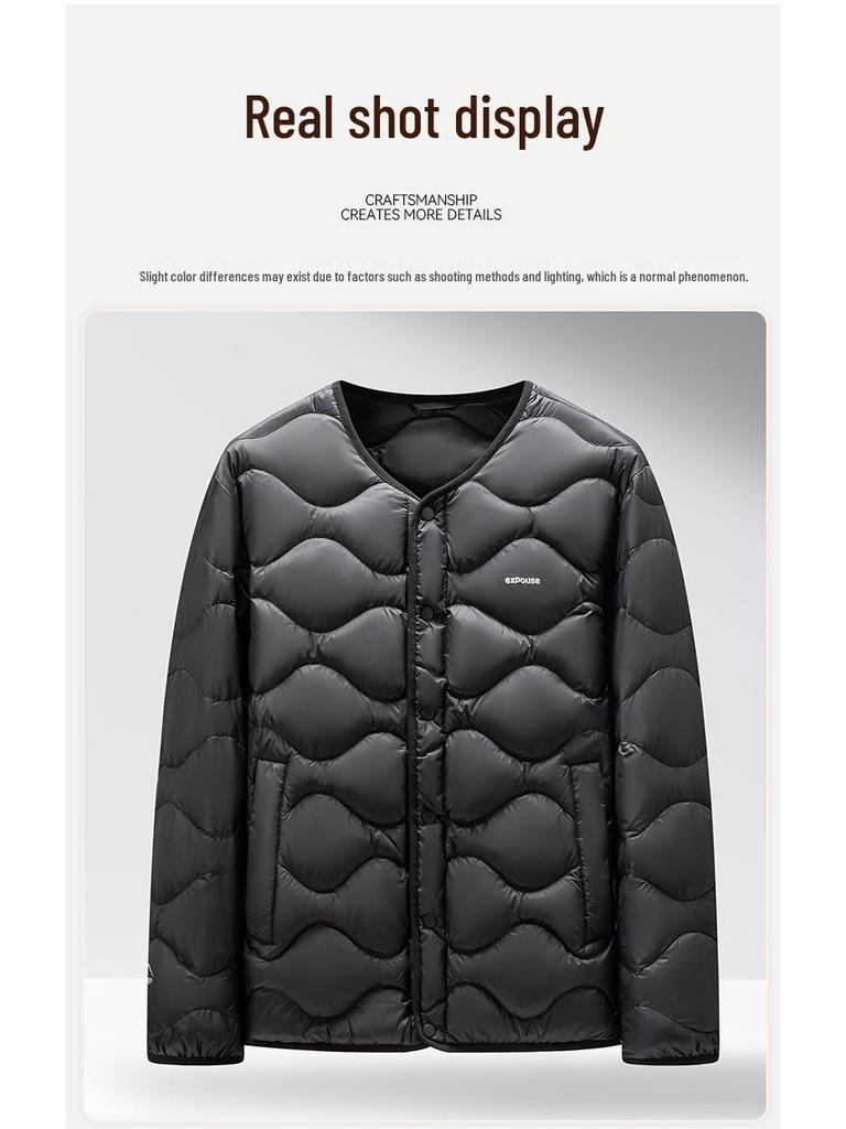 Men's Lightweight V-Neck Down Jacket - Warm, Simple, Thin, Portable, Winter White Duck Down