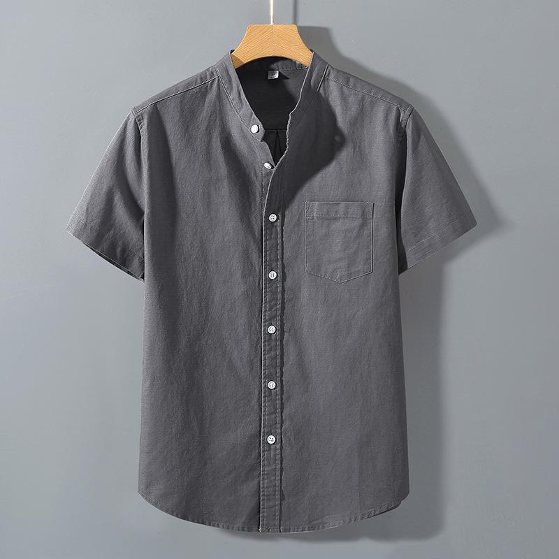 Summer Linen Shirt Men's Henry Cotton Short Sleeve Shirt Vintage Casual Beach T-shirt Breathable Streetwear Collar Shirt Tshirts with Pocket