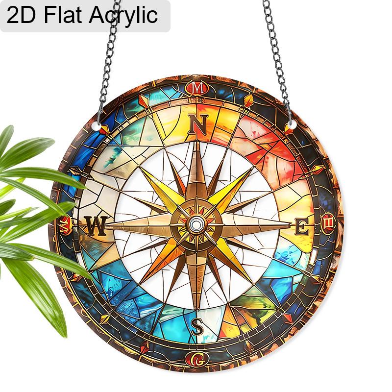 

Acrylic Vintage Compass Rose Suncatcher Stained Glass Effect Window Hanging Ornament Nautical Adventure Themed Gift for Home 20cm/7.87Inches