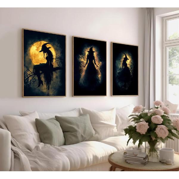 3 Pcs Vintage Witches Wall Art Witch in The Fores Halloween Painting Picture Wall Decor Gothic Dark Academia Poster Print Artwork for Gallery Party