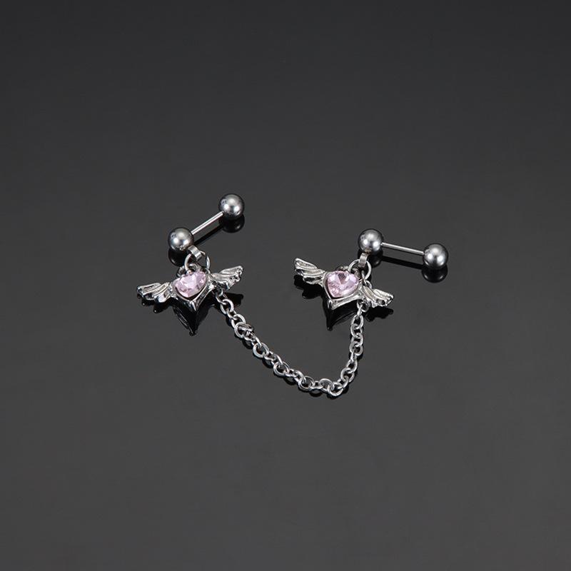 Zircon Heart-shaped Ear Barbell with Sweet and Cool Chain Wings Earrings, Titanium Steel Little Angel Wings Stud Earrings