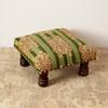 Green Jungle Stripes Kantha Foot Stool - Handcrafted Cotton Ottoman with Mango Wood Legs, 40 x 40 x 22.5 cm
