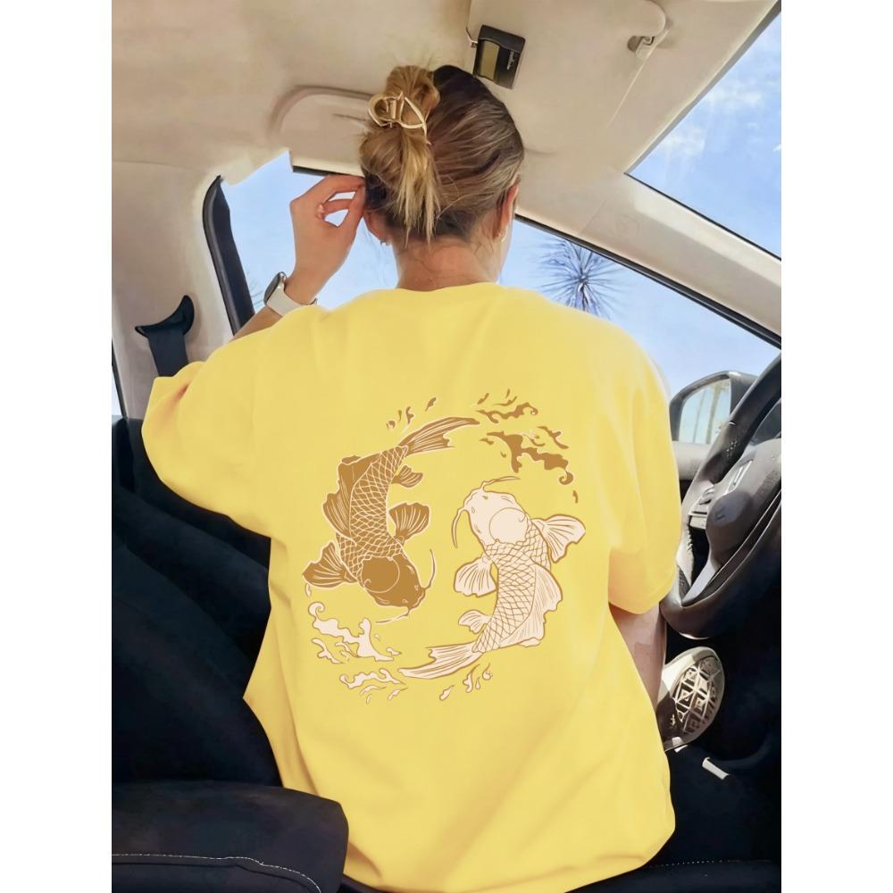 Japanisches Harajuku Koi-Print T-Shirt Damen Sommer Rundhals Kleidung Trendiges Kurzarm Atmungsaktives Y2K Damen-T-Shirt