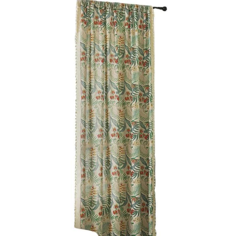 Green Plant Imitation Cotton Linen Semi-blackout Fringe Curtain American Style Country Retro Decorative Curtain Fabric Finished