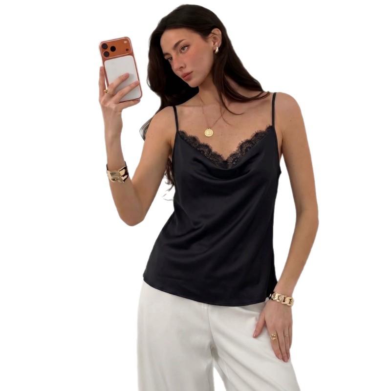 Black Lace V-Neck Sleeveless Satin Camisole Top Women Short Crop Sexy Chic Streetwear