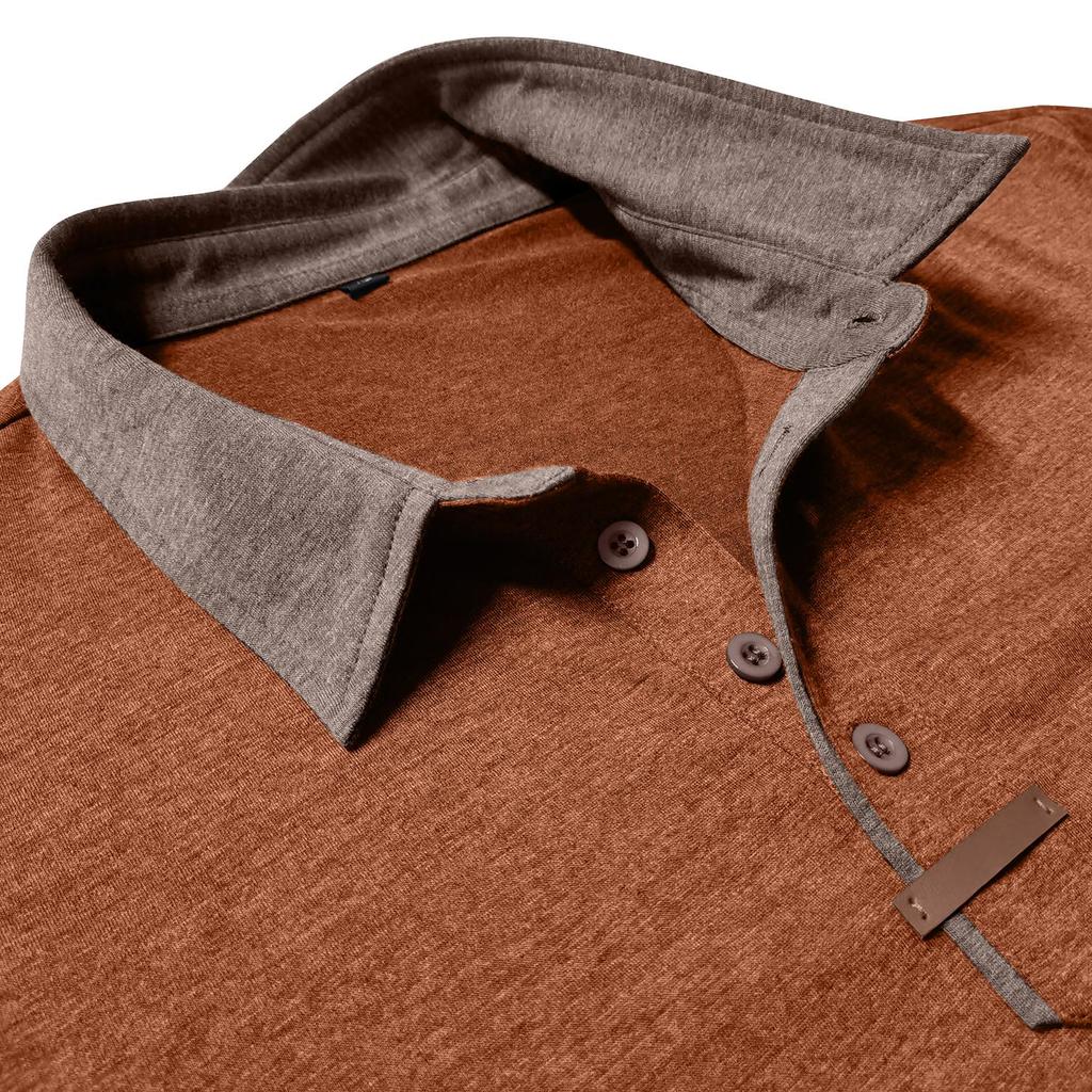 Men’s Short Sleeves T-shirts Lapel Collar Color Block Polo Shirts Chest Pocket Summer Tops Casual Wear