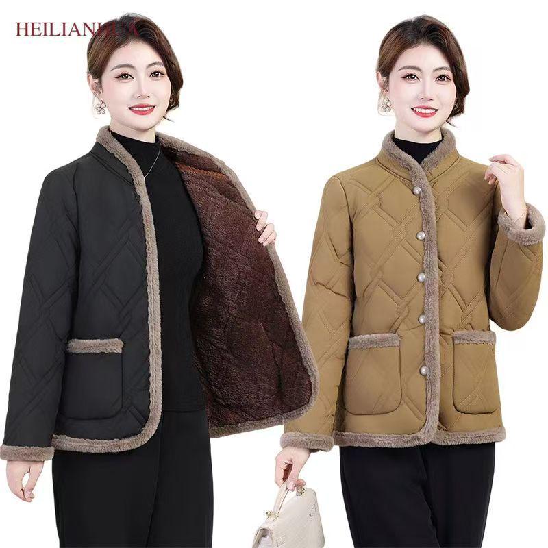 Women's Winter Cotton Jacket: Fleece-Padded, Jacquard Fabric, Age-Reducing, Warm, Chinese-Style, Enhanced Thickness.