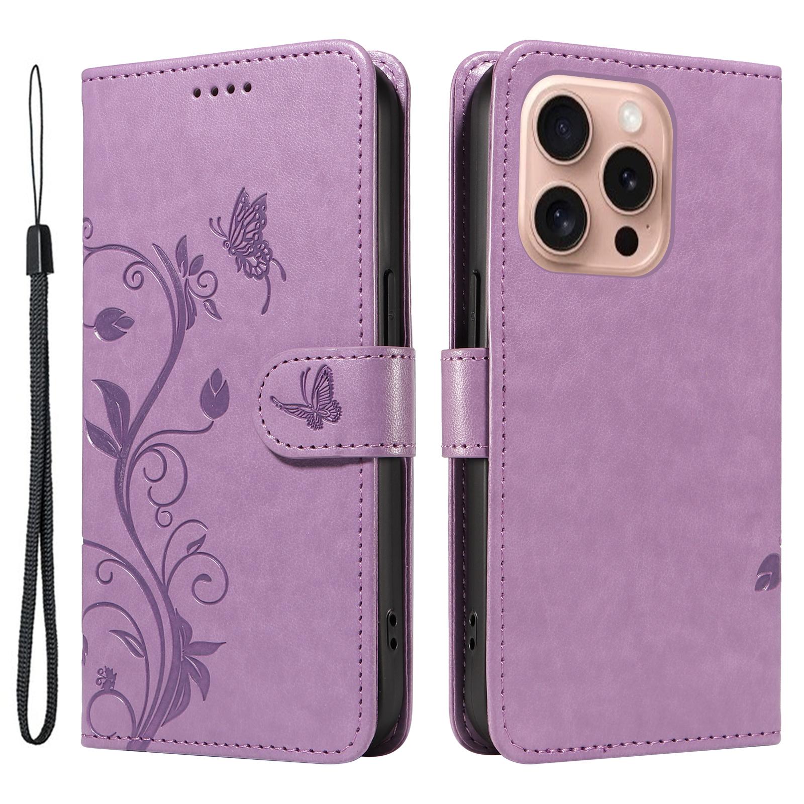 

For iPhone 16 Pro PU Leather Cases Flower Pattern Wallet Stand Phone Cover with Strap Purple