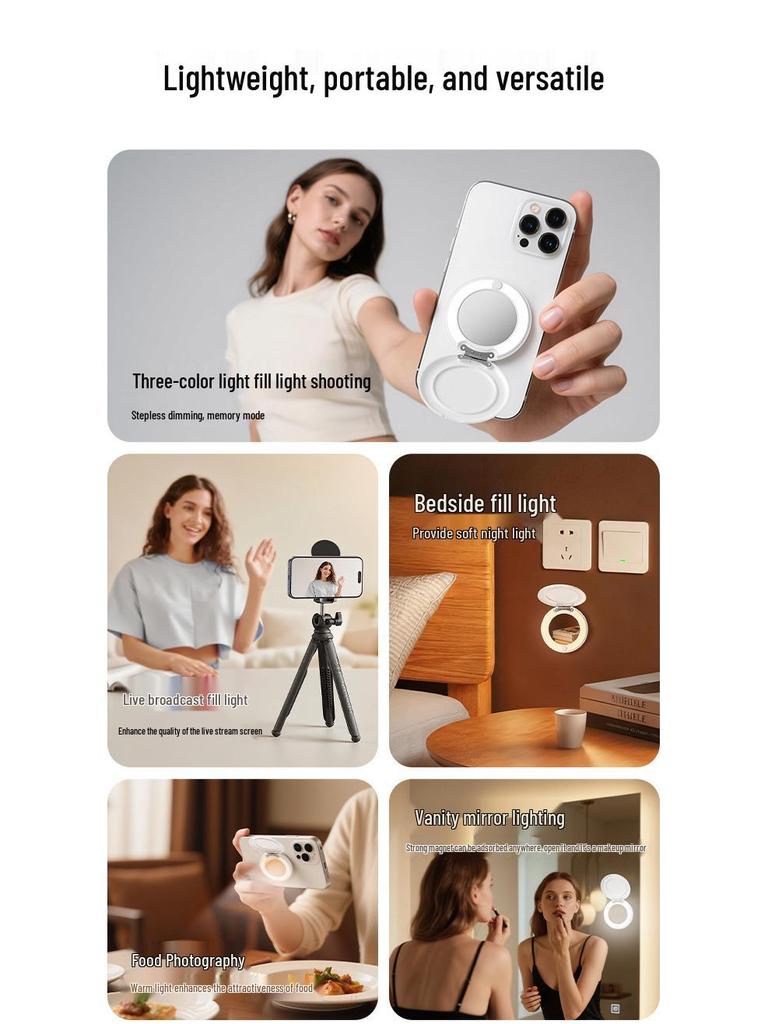 Magnetic Phone Holder L22P: 3-in-1 Fill Light, Makeup Mirror, and Desktop Live Streaming Stand.