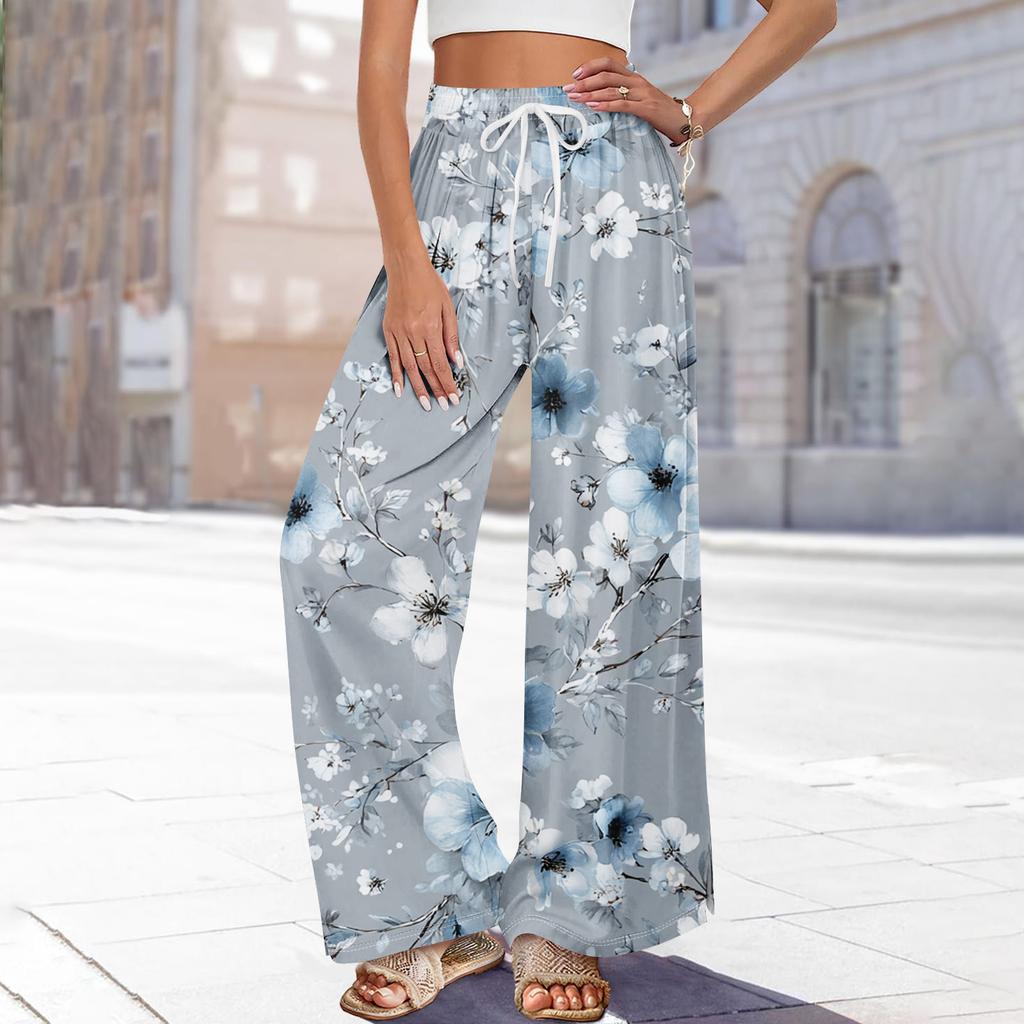 מכנסי פאלאצו קיציים בוהו לנשים מותן גבוה רגל רחבה הדפס פרחוני מכנסיים קז'ואל עם כיסים