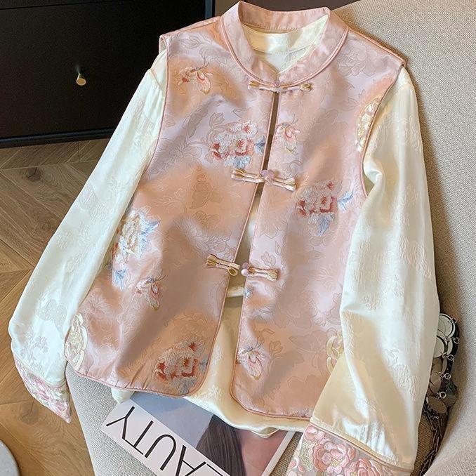 Embroidered Vest Women's Vintage Buckle Vest Acetic Acid Satin Jacquard Vest Vest Vest Vest