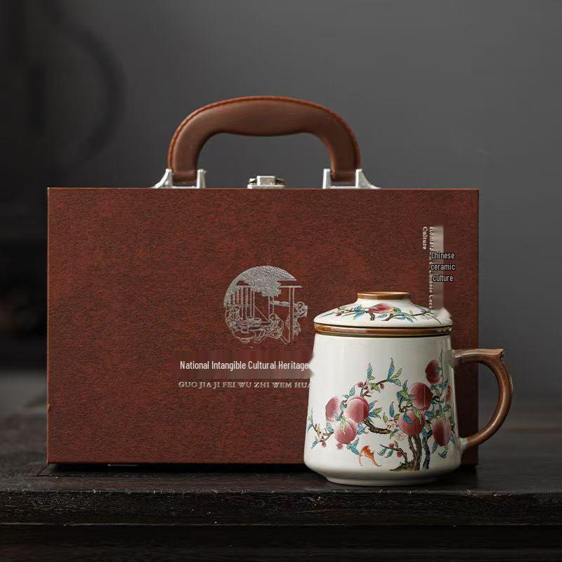 Blue and White Ceramic Office Mug with Tea and Water Separation, Large Capacity.