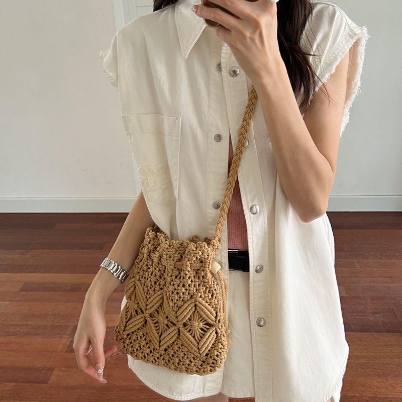 

Нишевая Повседневная Плетеная Сумка Ручной Работы 2025 Лето Новая Сумка-Ведро на Шнурке Сумка на Плечо Женская Маленькая Сумка Khaki