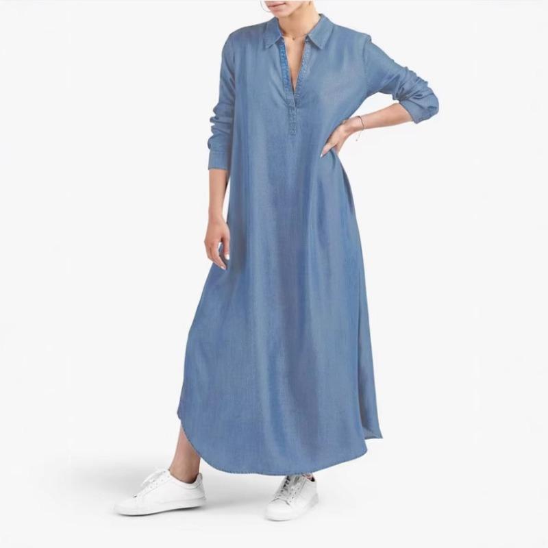 Plus Size Solid Color Denim Maxi Dress: V-Neck Long Sleeve A-Line Cut Dress for Women, Casual Comfortable Everyday Casual Chic Outfit