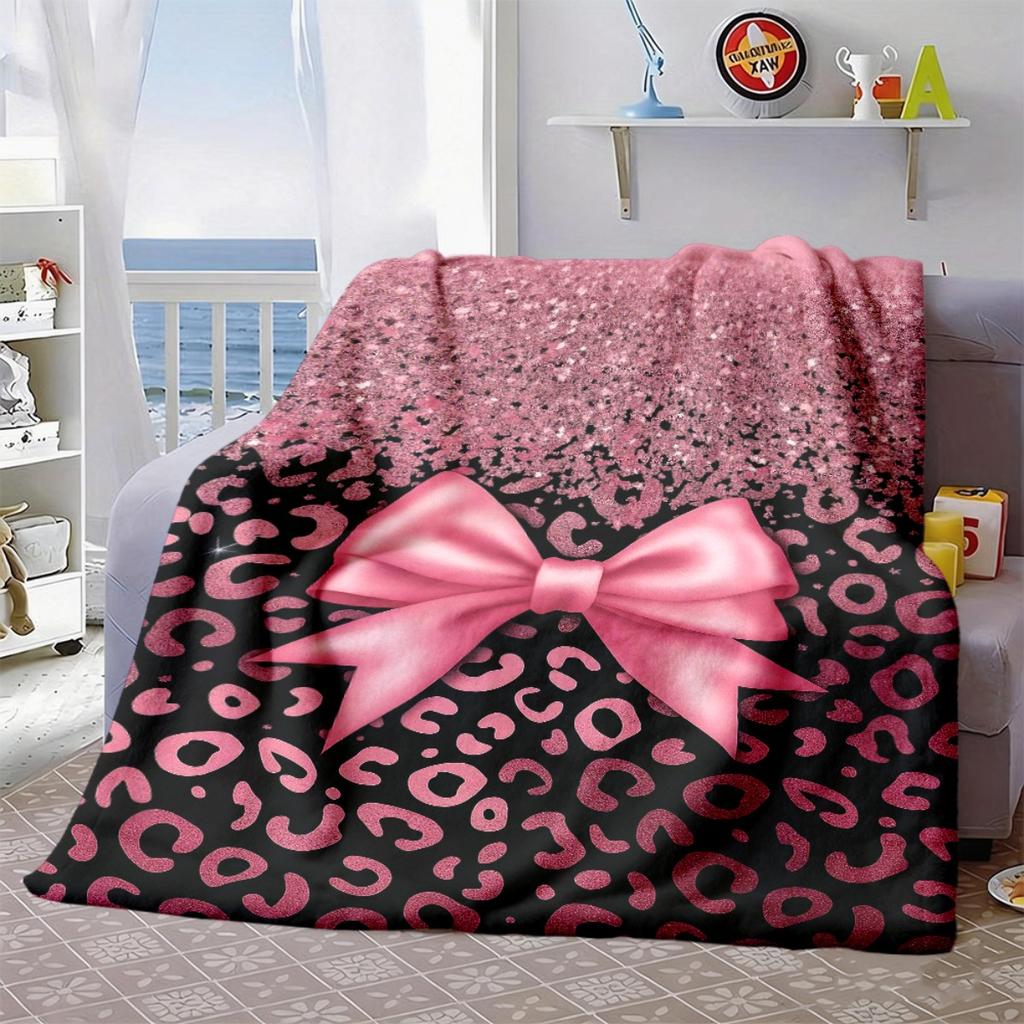 2026 New Arrivals Soft Pink Leopard Print Flannel Blanket with Oversized Bow Cozy Sofa Throw for All Seasons, Contemporary Style, Sparkling Embellishm