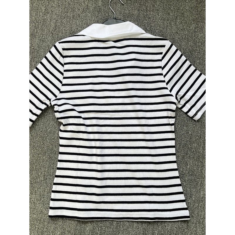 Genuine Export Surplus European and American Striped Stretchy Slim-Fit Comfortable Cotton Women's Summer Polo Collar Short-Sleeve T-Shirt