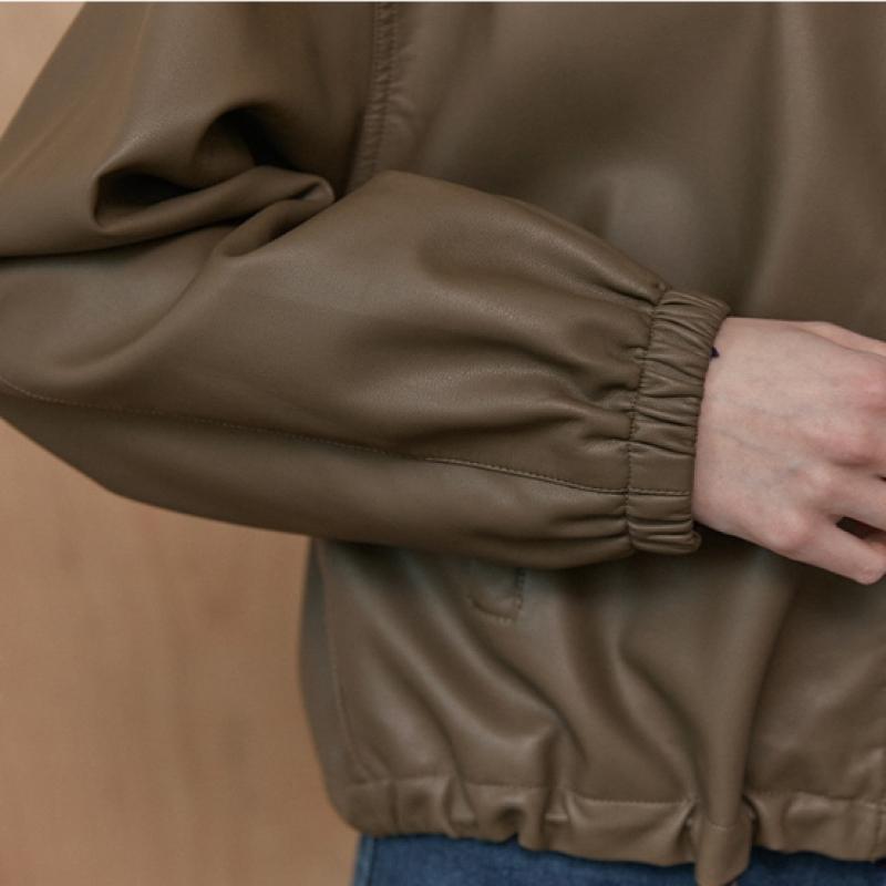 Maxza Round Collar String Zip Up Fake Leather Jacket Zc10qj012on